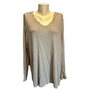 AVA & VIV Women's Plus Size 1X Brown Long Sleeve V-Neck Top‎ with Lace Trim